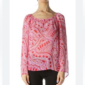 Trina Turk Silk Pink Red Tunic Blouse w/ Keyhole Opening - S